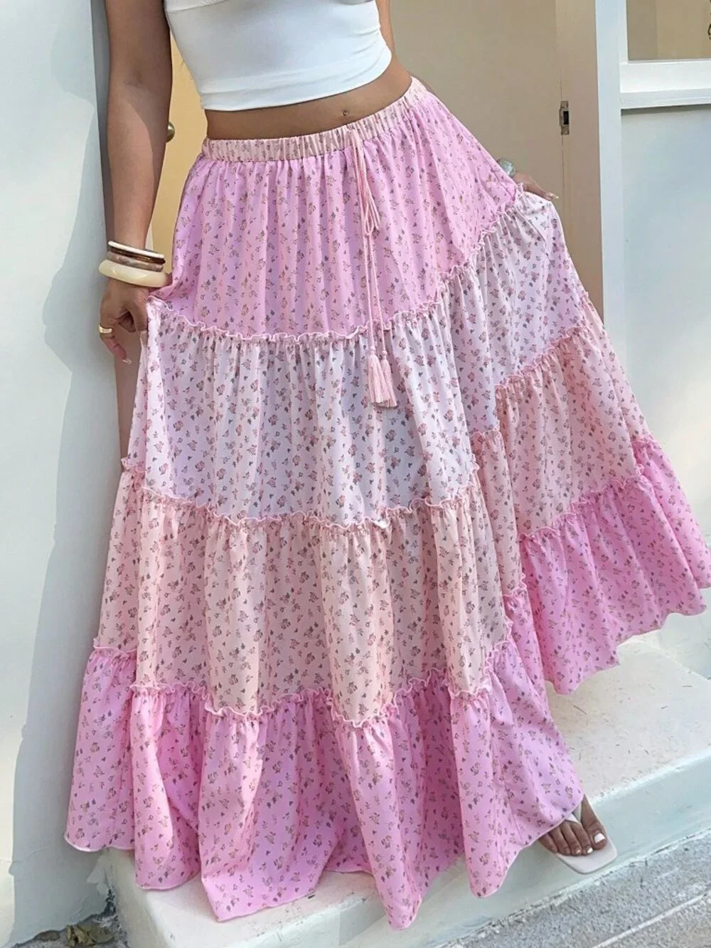 Multicolor Boho Women's Plus Size Floral Picnic Maxi Skirt with Layered Ruffle